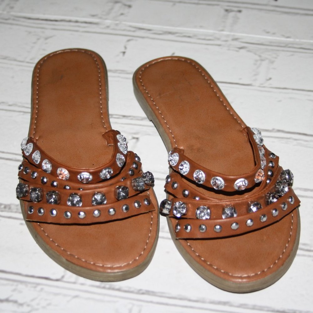 Embellished Brown Women's Slide Sandals with Rhinestones